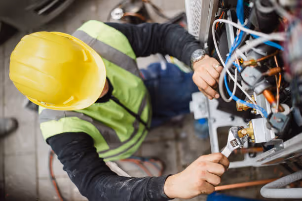 Electrician in safety vest and hard hat working on electrical wiring