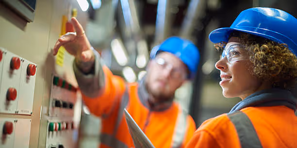 Engineers in safety gear checking industrial control panel at manufacturing facility