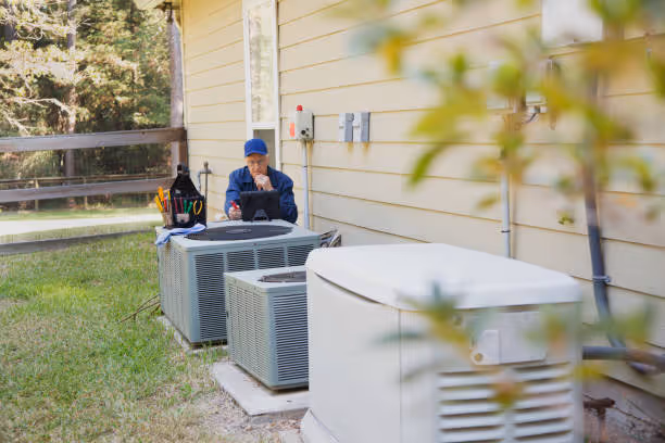 HVAC technician checking air conditioning units outside residential home