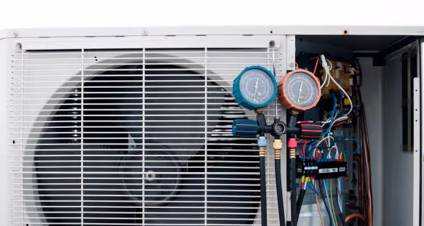 Air conditioning unit with pressure gauges and electrical wiring exposed