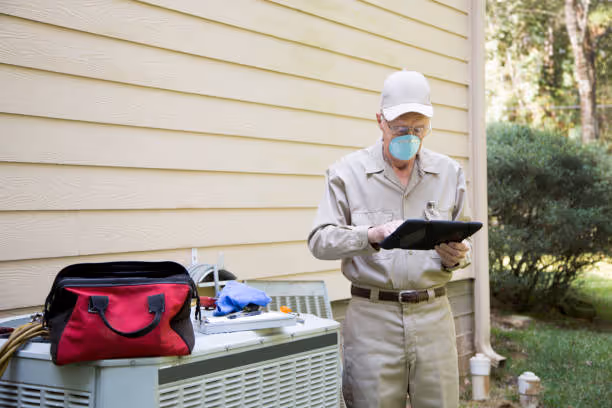 HVAC technician inspecting air conditioner unit wearing mask and protective gear