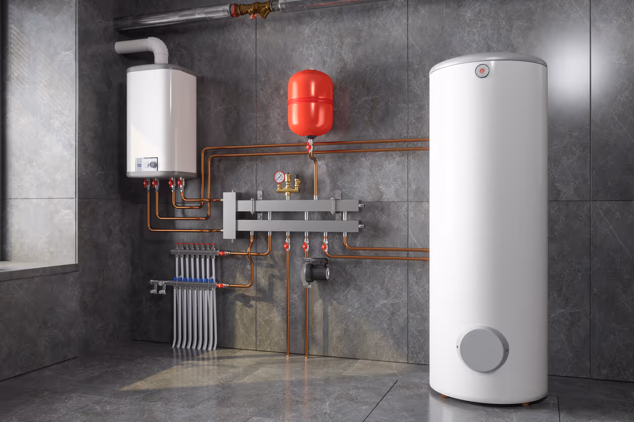 Heating system with boiler, expansion tank, and copper piping