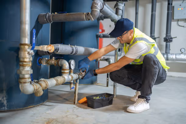 Plumber in safety vest checking industrial pipes and valves