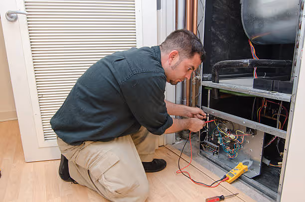 Technician using multimeter to diagnose electrical issue in HVAC system