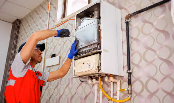 Technician in safety vest repairing a wall-mounted gas water heater
