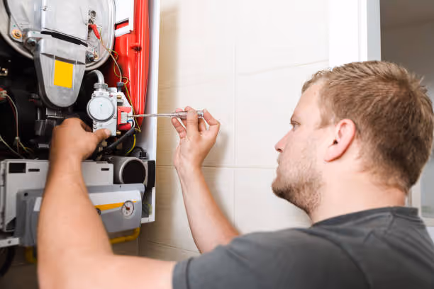 Technician repairing and adjusting components of a heating or electrical system