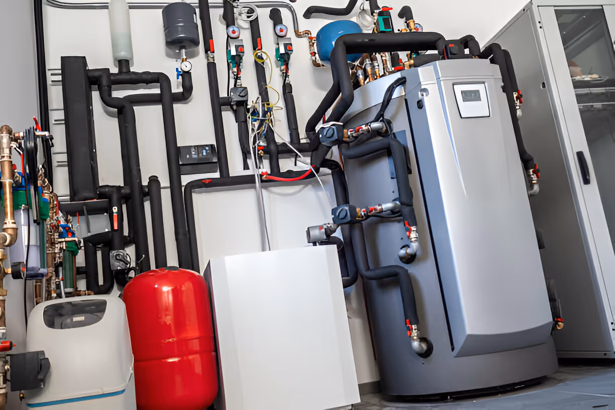 Heating system with boiler, pipes, valves, and red expansion tank