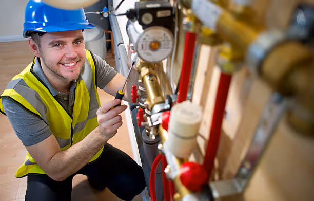 Smiling technician in safety vest and hard hat checking industrial equipment