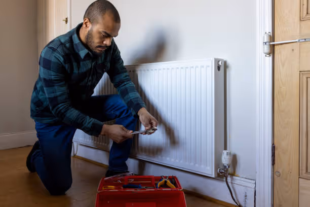 Technician in plaid shirt repairing radiator with tools from red toolbox