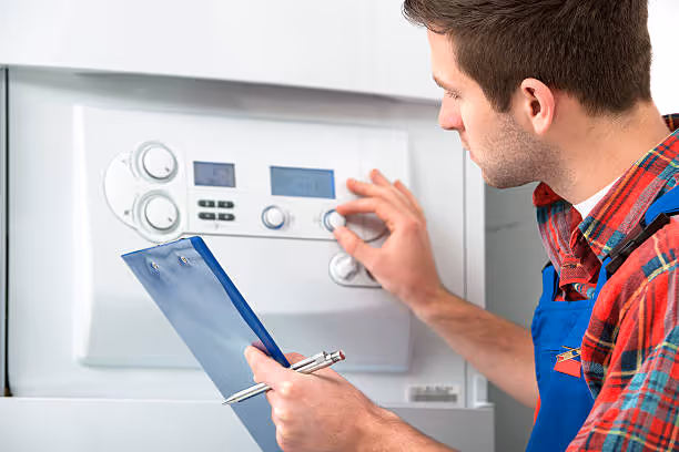 Technician checking controls on heating system with clipboard