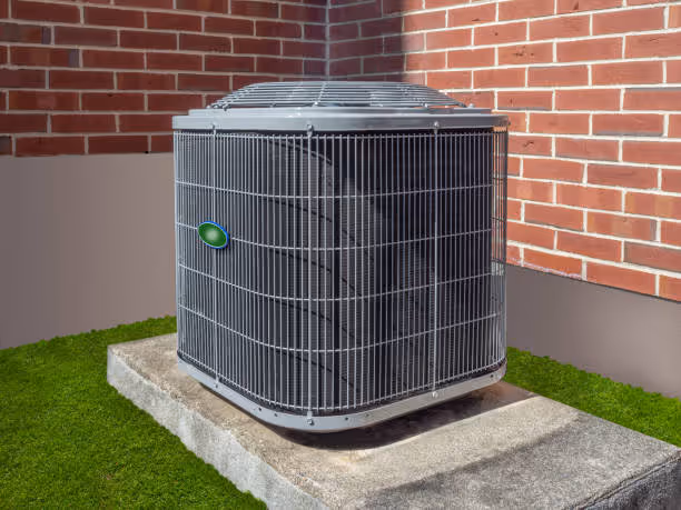 Gray air conditioning unit sitting on concrete pad next to brick wall