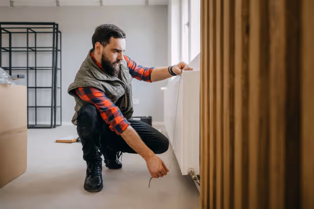 Worker crouching and checking wall during home renovation or inspection