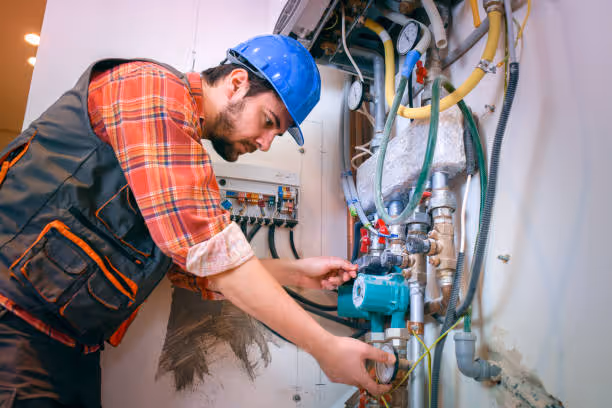 Technician in blue hard hat checking industrial pipes and electrical connections