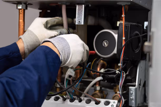 Technician wearing gloves repairing electrical components inside machinery