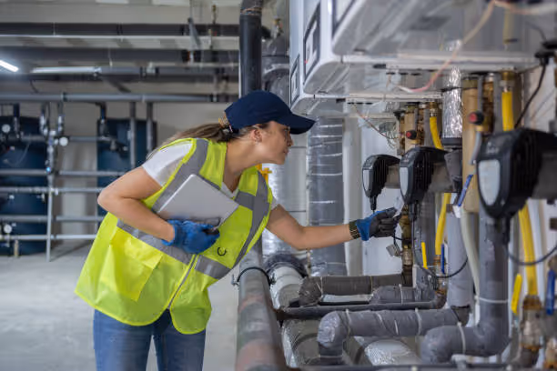 Worker in safety vest inspects industrial pipes and machinery in facility