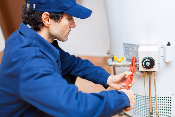 Technician in blue uniform checking water heater with red pliers