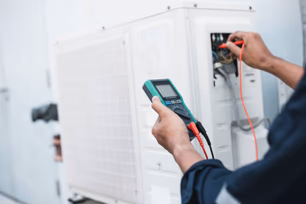Electrician using digital multimeter to check electrical panel connections