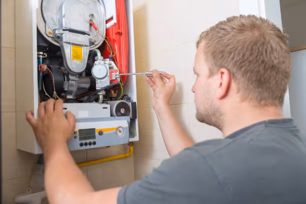 Technician repairing or adjusting a wall-mounted heating system boiler
