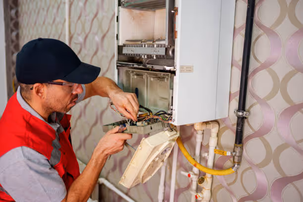 Technician repairing electrical components of a wall-mounted heating system