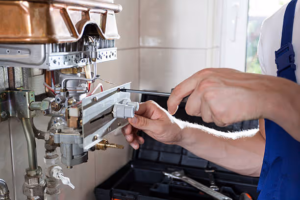Technician repairing gas boiler with tools and adjusting internal components