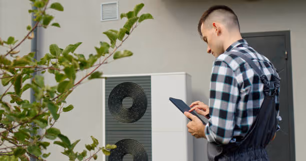 Technician checking heat pump unit with tablet outside building