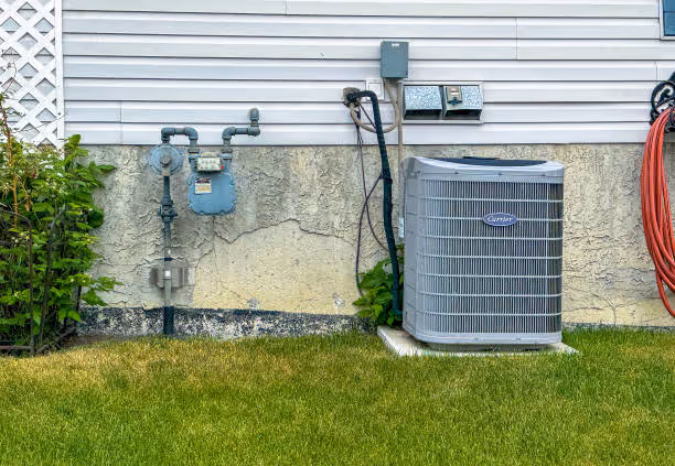 Air conditioning unit and electrical meters outside a house with white siding