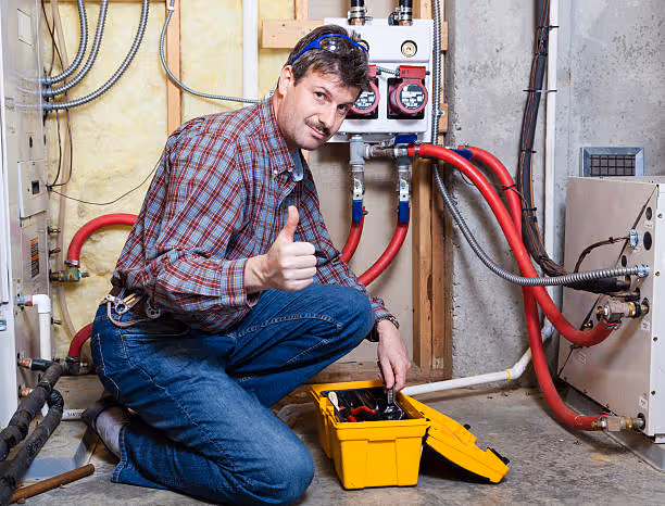 Plumber giving thumbs up next to pipes and electrical equipment