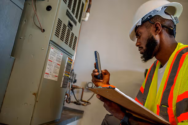 Technician in safety vest checks electrical panel with phone and clipboard