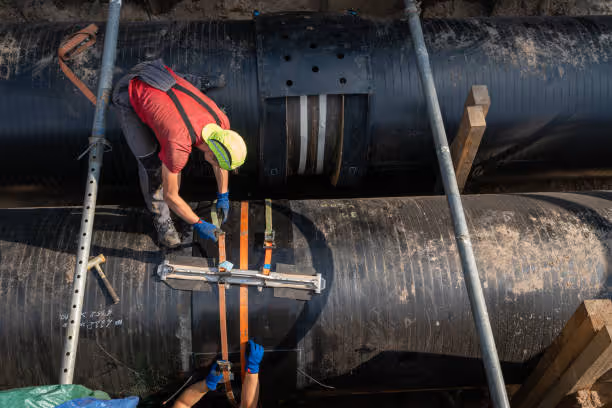 Worker in safety gear inspecting large industrial pipeline with specialized equipment