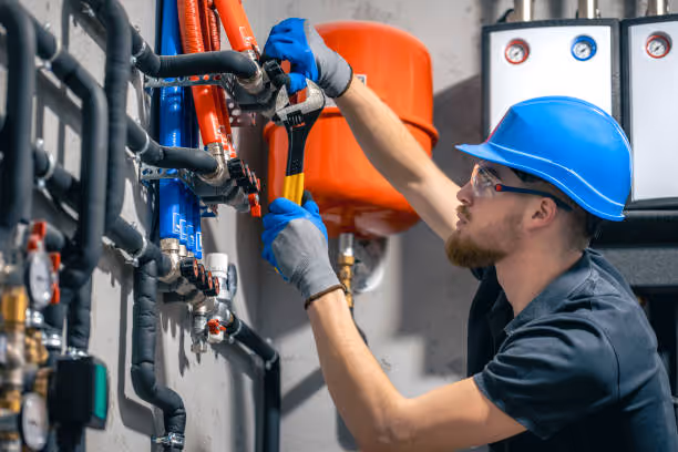 Technician in blue hard hat adjusting industrial pipes and valves