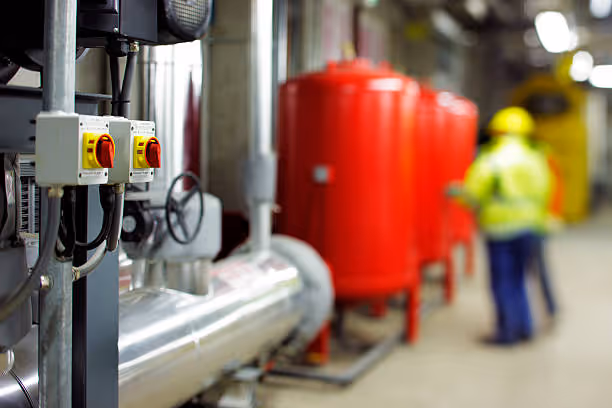 Industrial machinery with control panels, red tanks, and worker in background