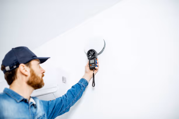 Person in blue cap using anemometer to measure air flow near white wall
