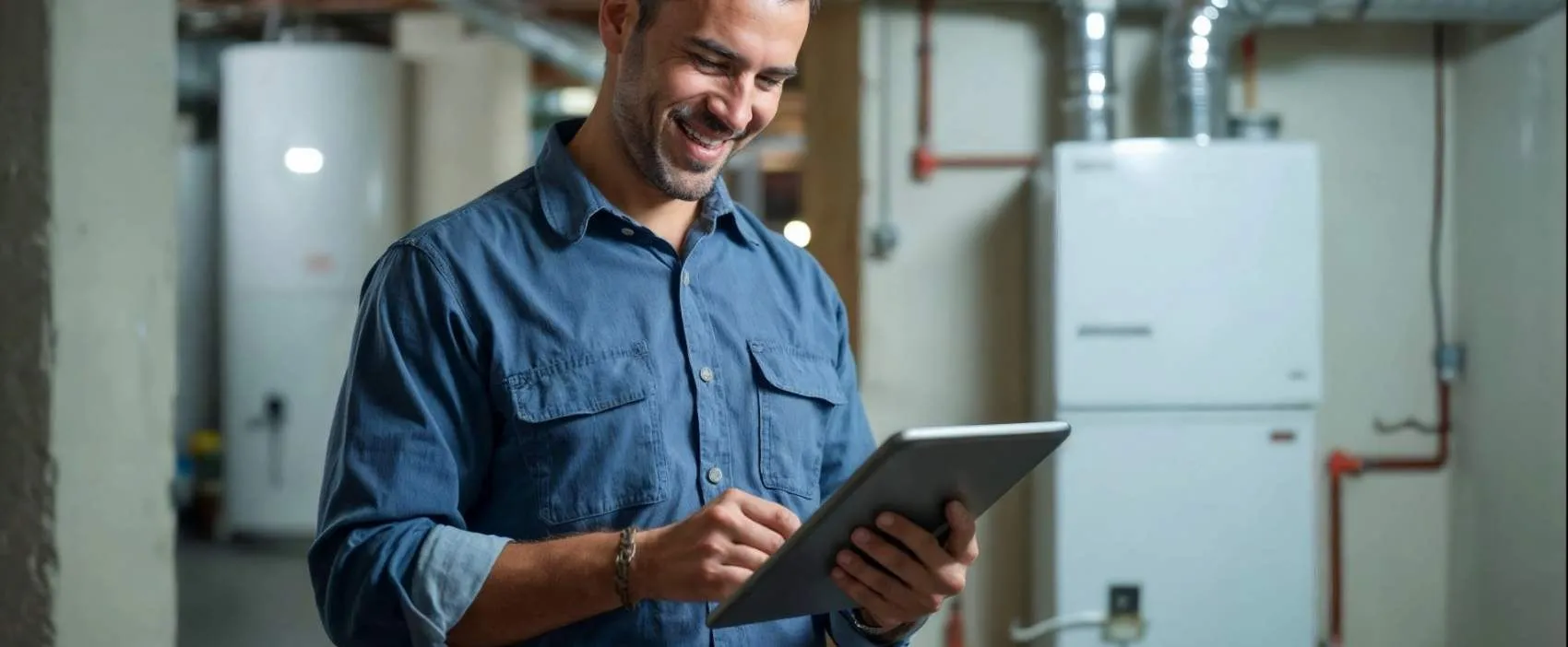 Technician smiling while using tablet in mechanical room with equipment