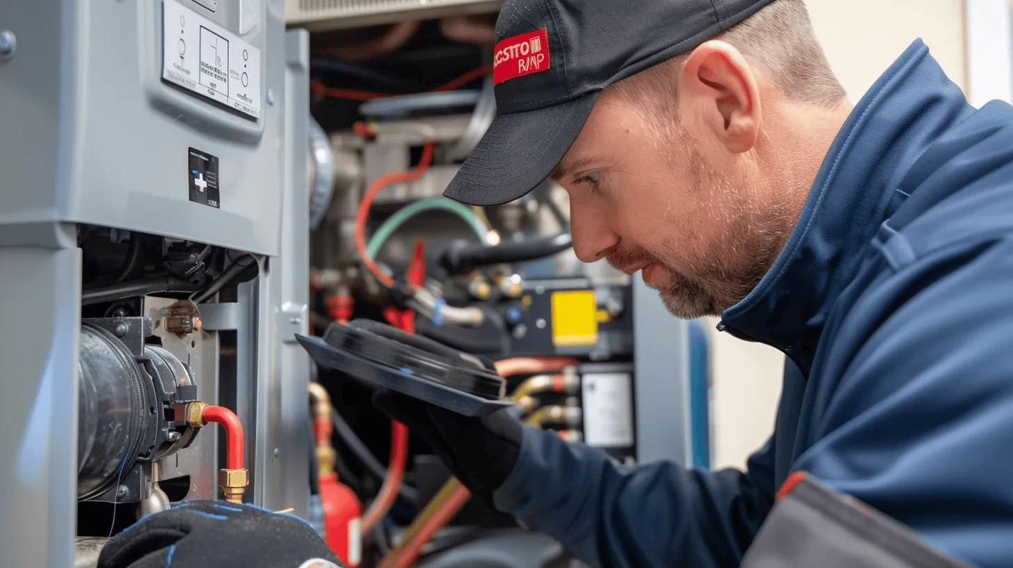 Technician in blue jacket inspecting electrical equipment and wiring