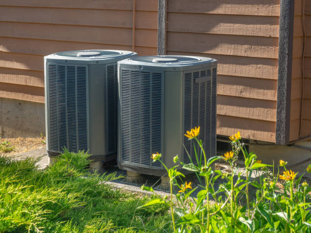 Two air conditioning units beside house with yellow wildflowers
