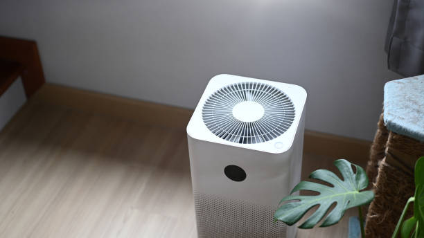 White square air purifier with fan on wooden floor near monstera leaf