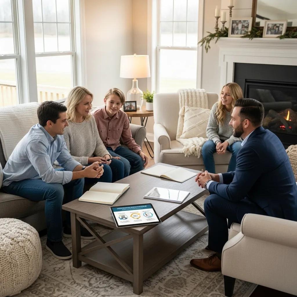 Family reviewing financing options for home repairs in a comfortable living room