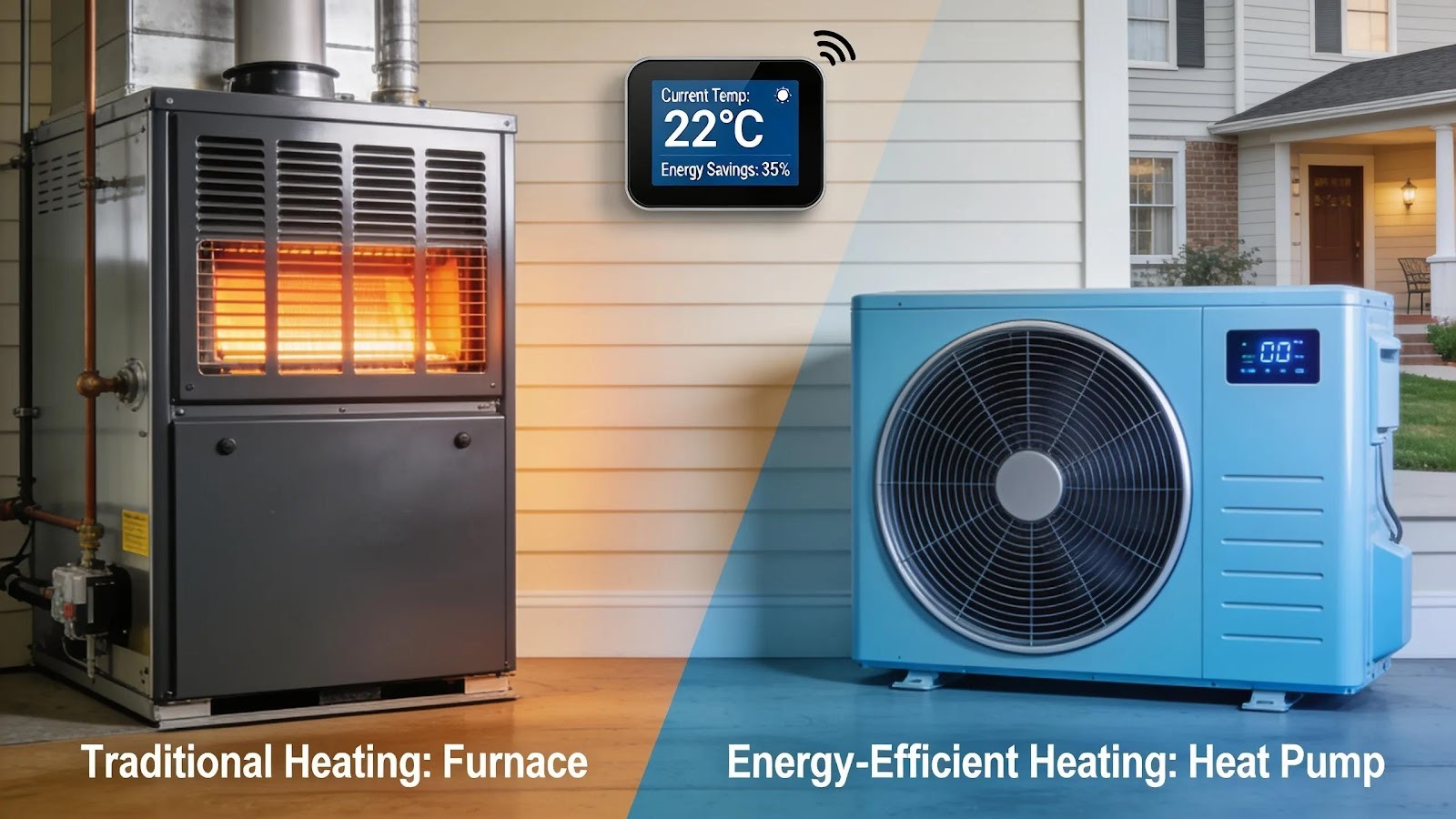 Comparison of a furnace and heat pump in a home showcasing traditional and modern heating solutions