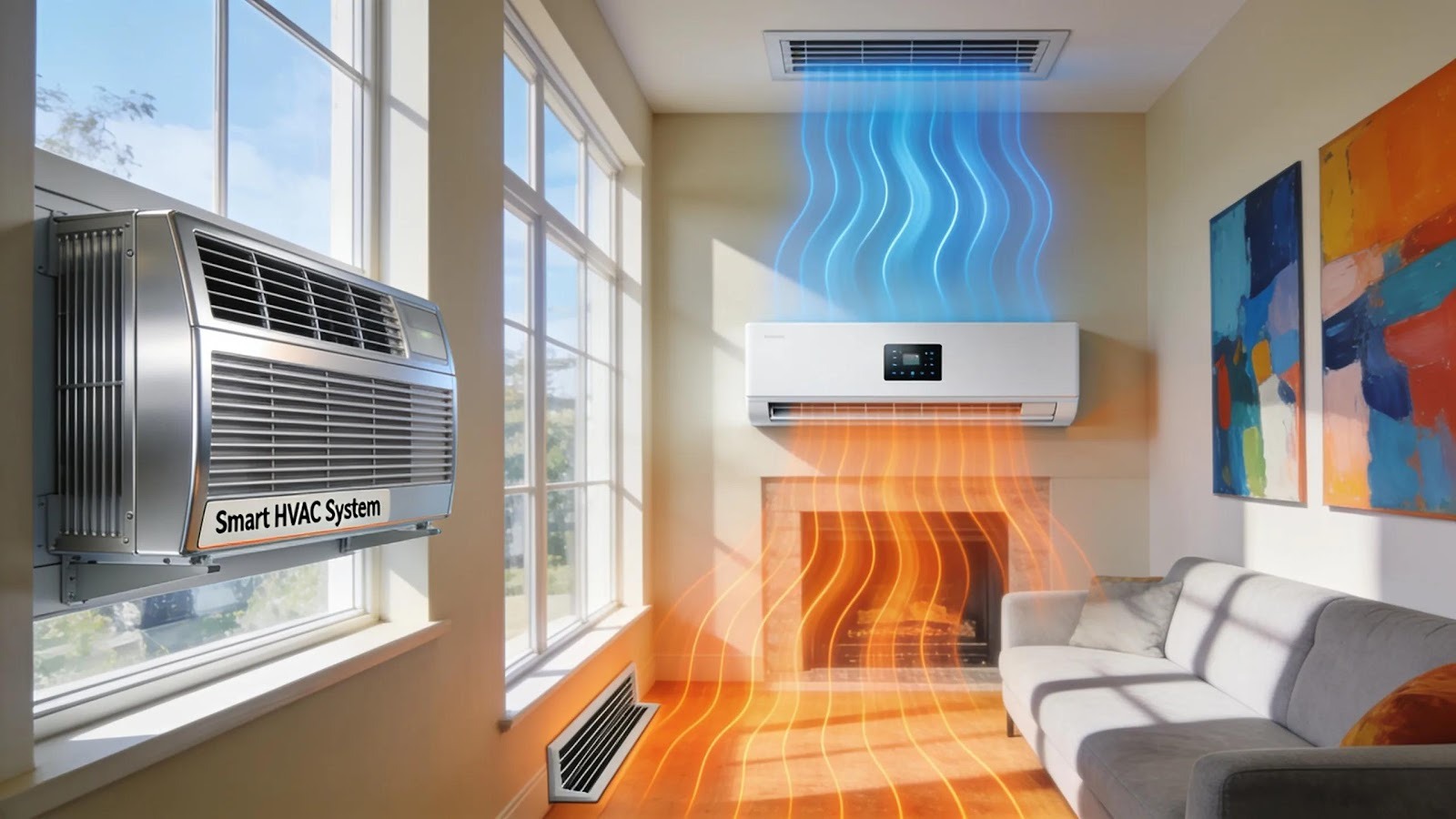 Modern HVAC system overview in a bright residential setting illustrating comfort and efficiency