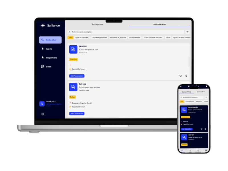 Interface d'une plateforme web affichée sur un ordinateur portable et un smartphone, montrant une liste d'associations avec des filtres par catégories comme Éducation, Culture, et Environnement.