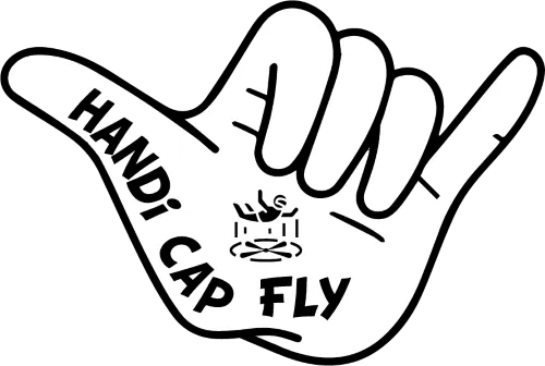 Silhouette blanche d'une main avec l'inscription 'HANDI CAP FLY' et un petit symbole au centre sur fond noir.