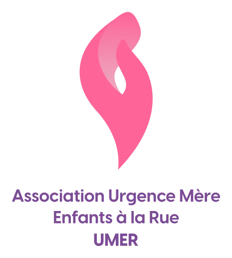Logo rose de l'Association Urgence Mère Enfants à la Rue UMER avec un symbole stylisé en forme de flamme ou feuille.