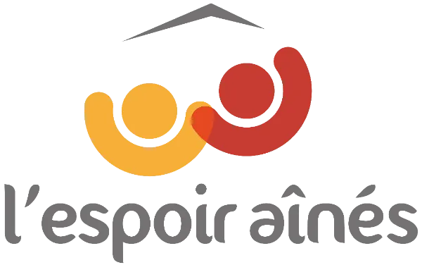 Logo avec deux figures stylisées, une orange et une rouge, formant une maison et représentant le soutien aux aînés.