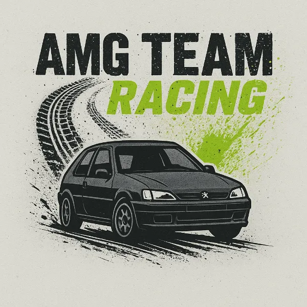 Voiture de course compacte noire avec des traces de pneus et le texte AMG TEAM en noir et RACING en vert.