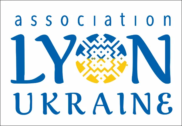 Logo de l'Association Lyon Ukraine avec un motif circulaire bleu et jaune représentant le drapeau ukrainien intégré dans le texte.