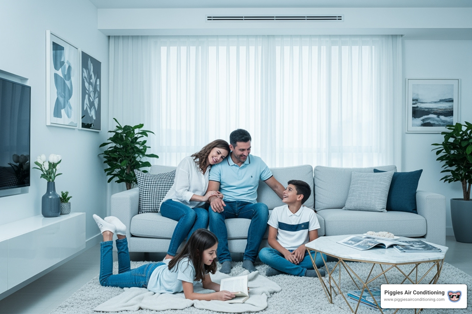 A family enjoying their cool home, smiling - ac repair guarantee baldwin park A family enjoying their cool home, smiling - ac repair guarantee baldwin park