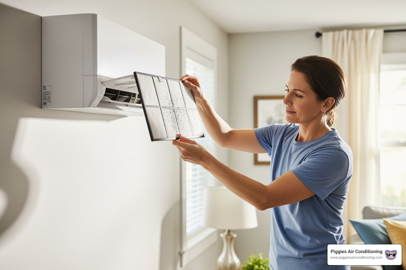 homeowner easily cleaning a ductless mini-split filter - ductless heat pump install la puente
