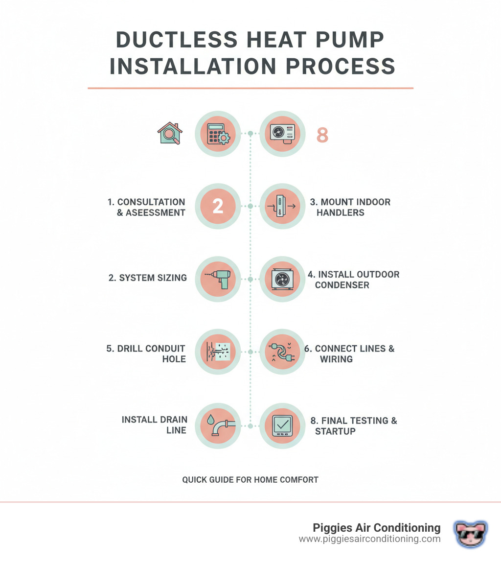 Infographic showing the ductless heat pump installation process: 1. Professional consultation and home assessment, 2. Load calculation and system sizing, 3. Mounting indoor air handlers in target rooms, 4. Installing outdoor condenser unit, 5. Drilling small conduit hole through exterior wall, 6. Connecting refrigerant lines and electrical wiring, 7. Installing condensate drain line, 8. Final system testing and startup - ductless heat pump install la puente infographic 