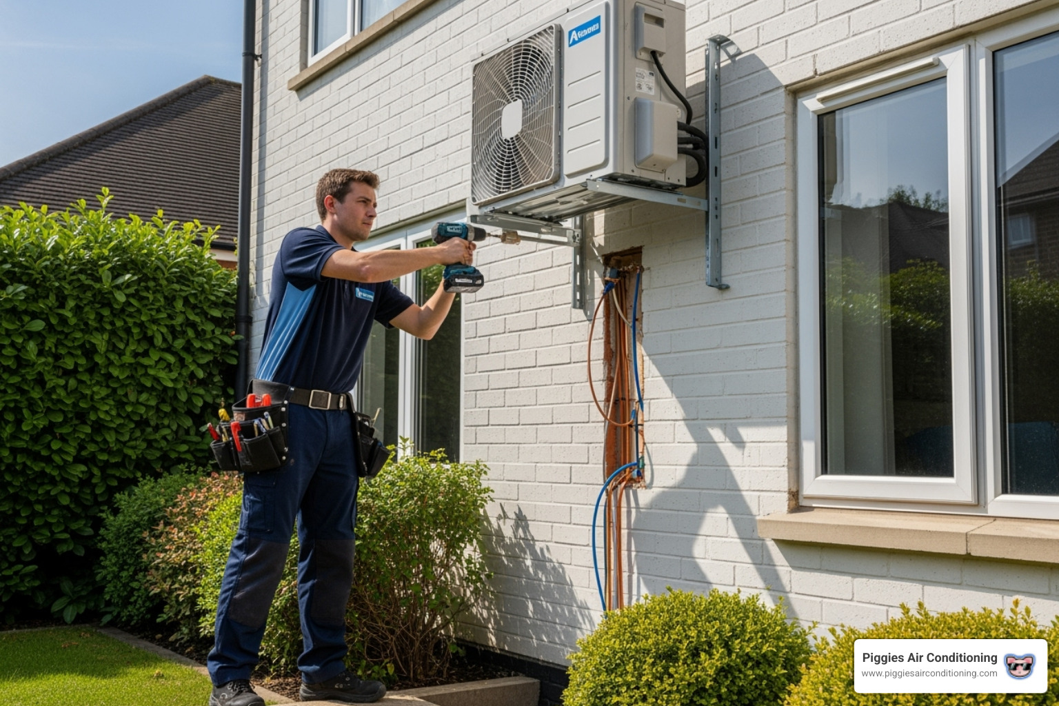 technician professionally mounting an outdoor ductless unit - ductless heat pump install la puente