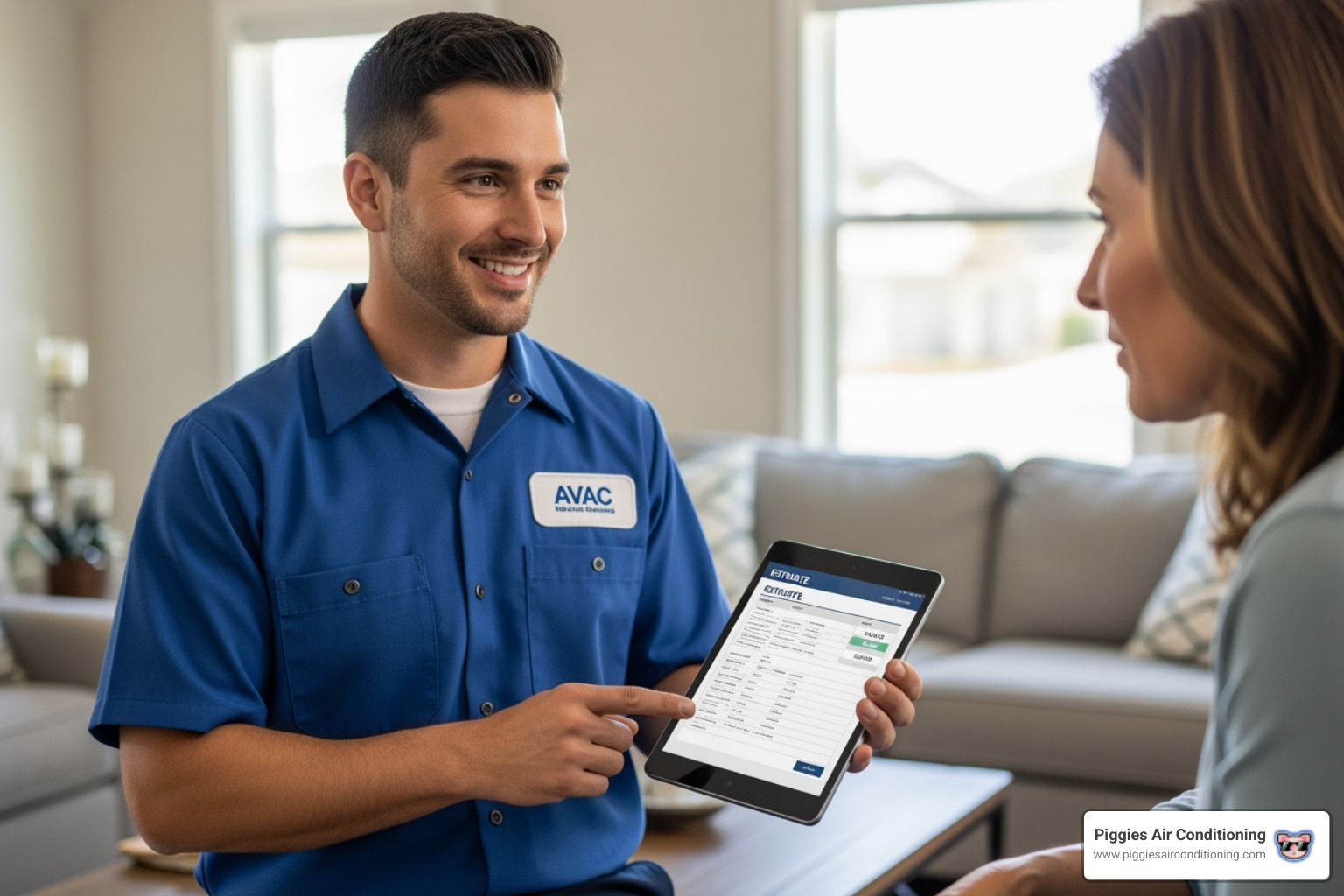 A smiling certified HVAC technician in uniform, holding a tablet to show a homeowner an estimate for AC service. - affordable air conditioning walnut A smiling certified HVAC technician in uniform, holding a tablet to show a homeowner an estimate for AC service. - affordable air conditioning walnut
